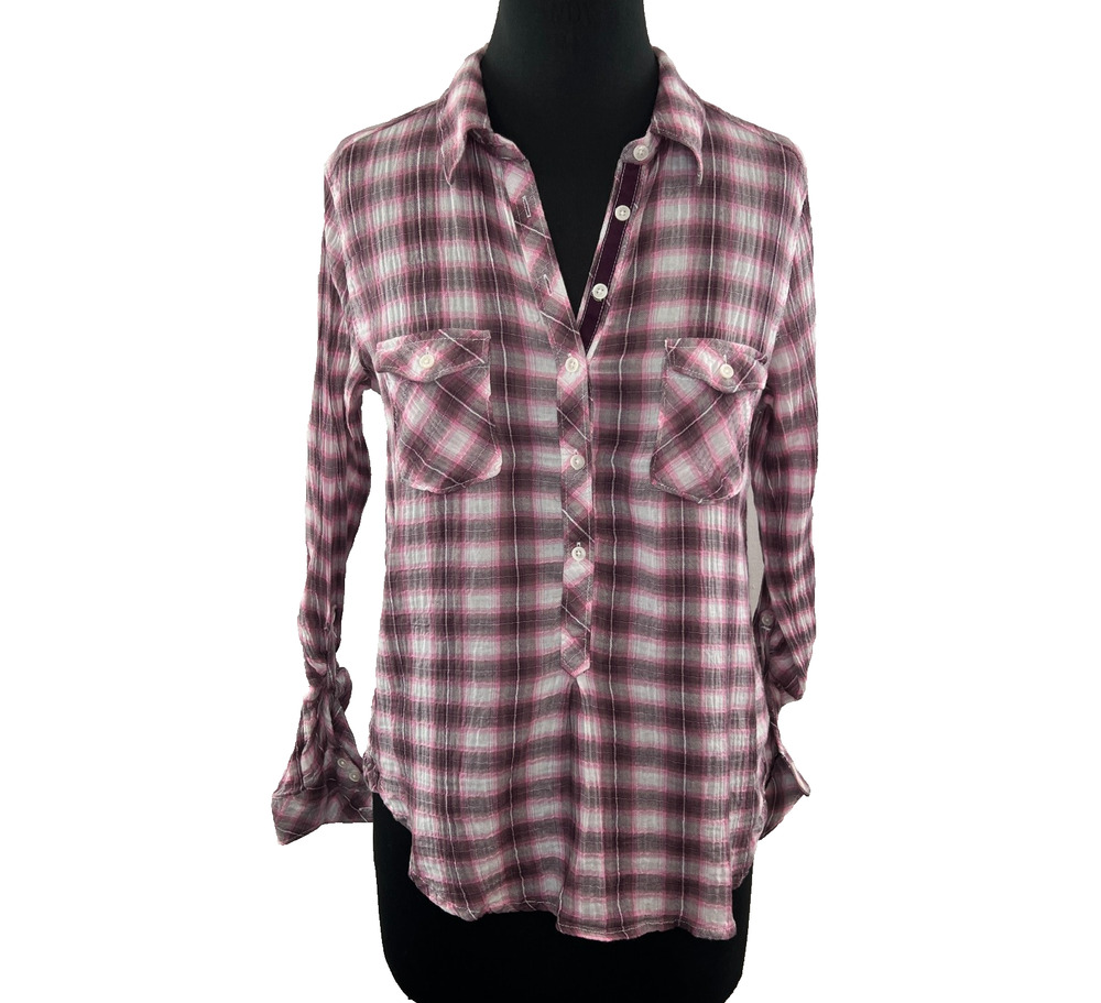 C&C California Crinkle Pink Purple White Plaid Pocket Popover Shirt Top S Small